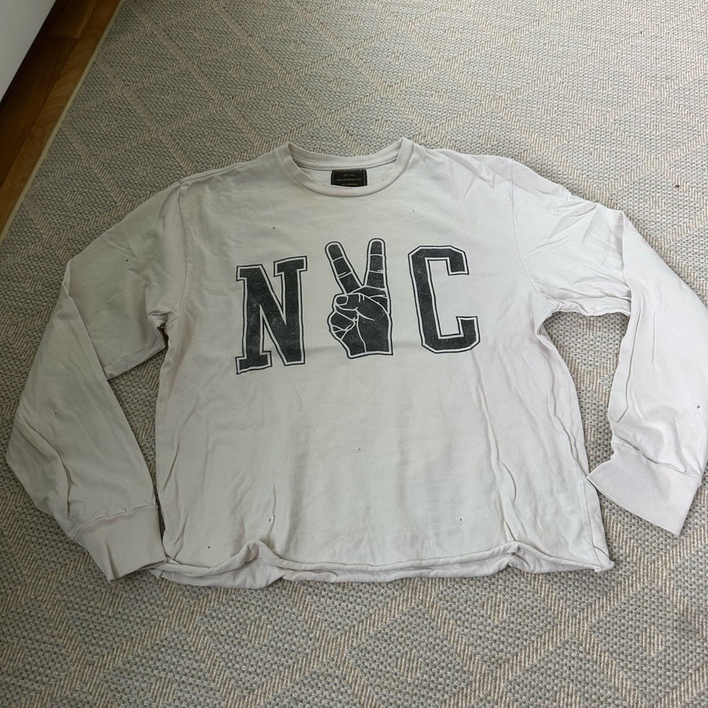 Free People Retrobrand NYC Graphic Long Sleeve Distressed Shirt White Small